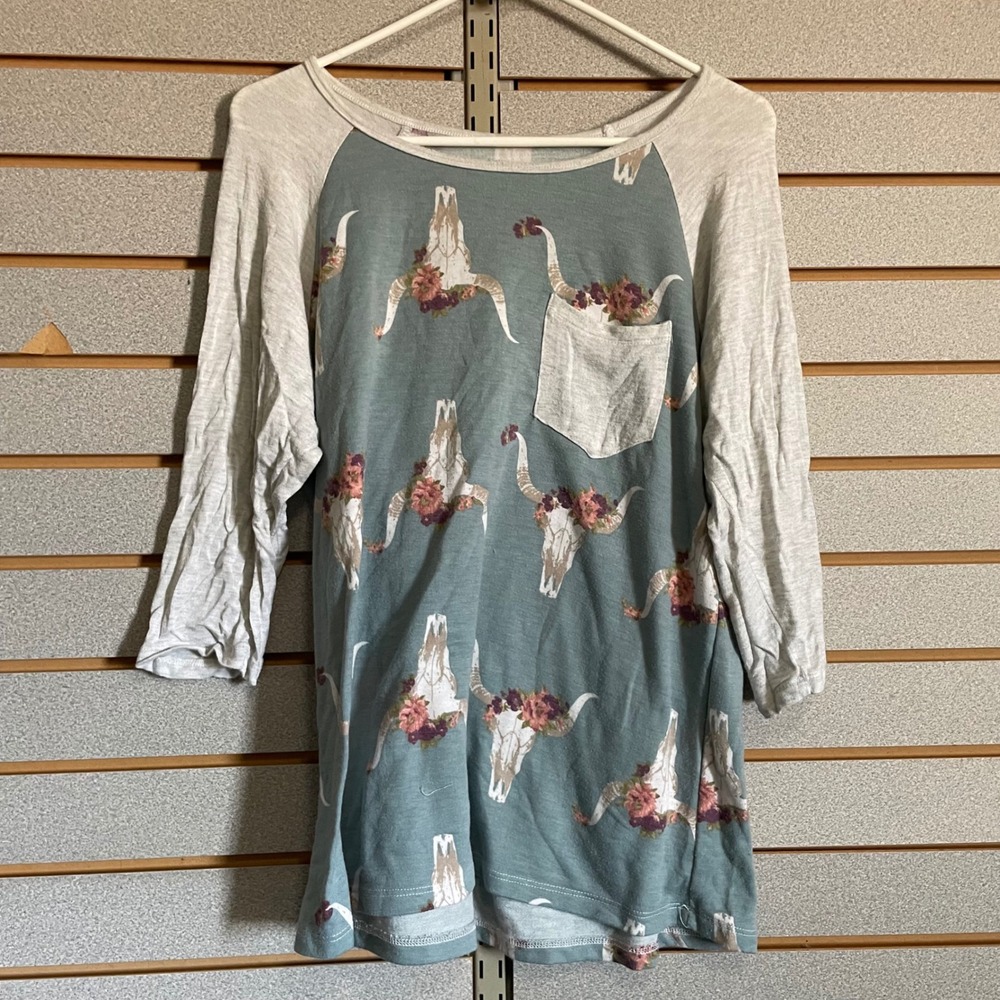 Womens Floral Cow Skull Raglan Baseball Tee 3/4 Sleeve Blue Grey Western Top
